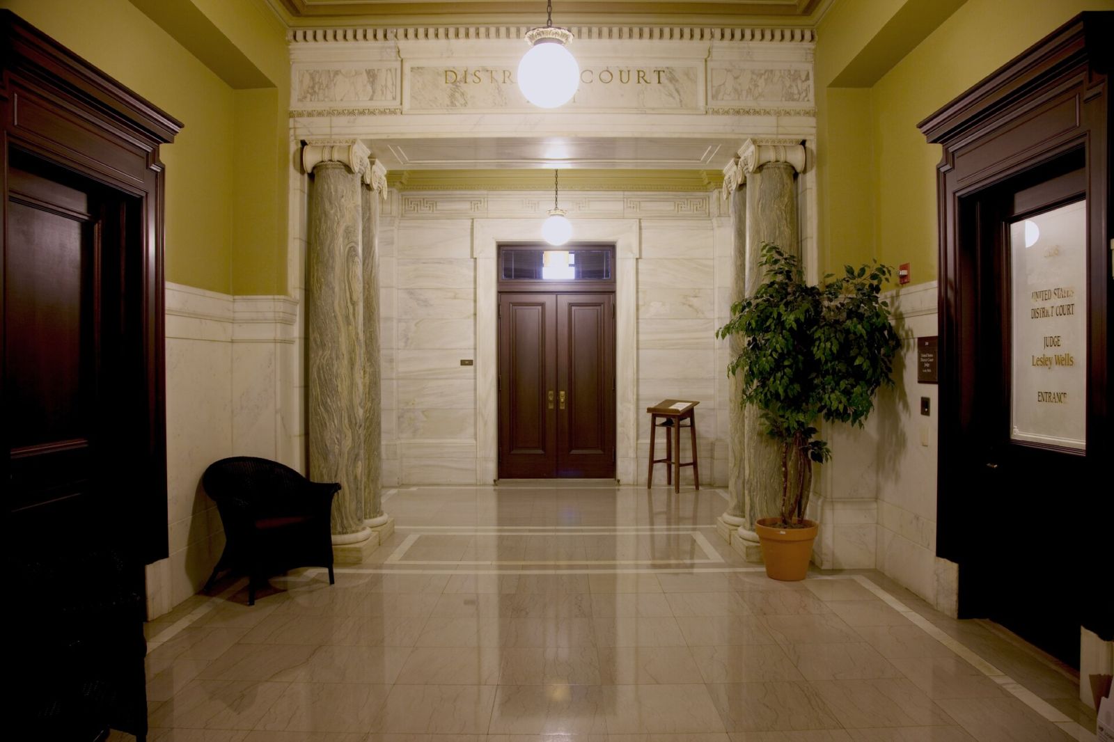 Marble courtroom entry with columns, Howard M. Metzenbaum U.S. Courthouse
